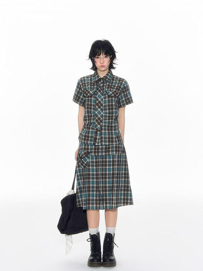 NAPSNAPS Plaid Pleated Pocket A Line Low Waist Women&