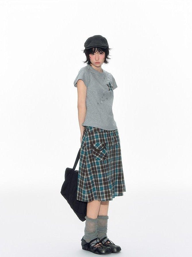 NAPSNAPS Plaid Pleated Pocket A Line Low Waist Women&