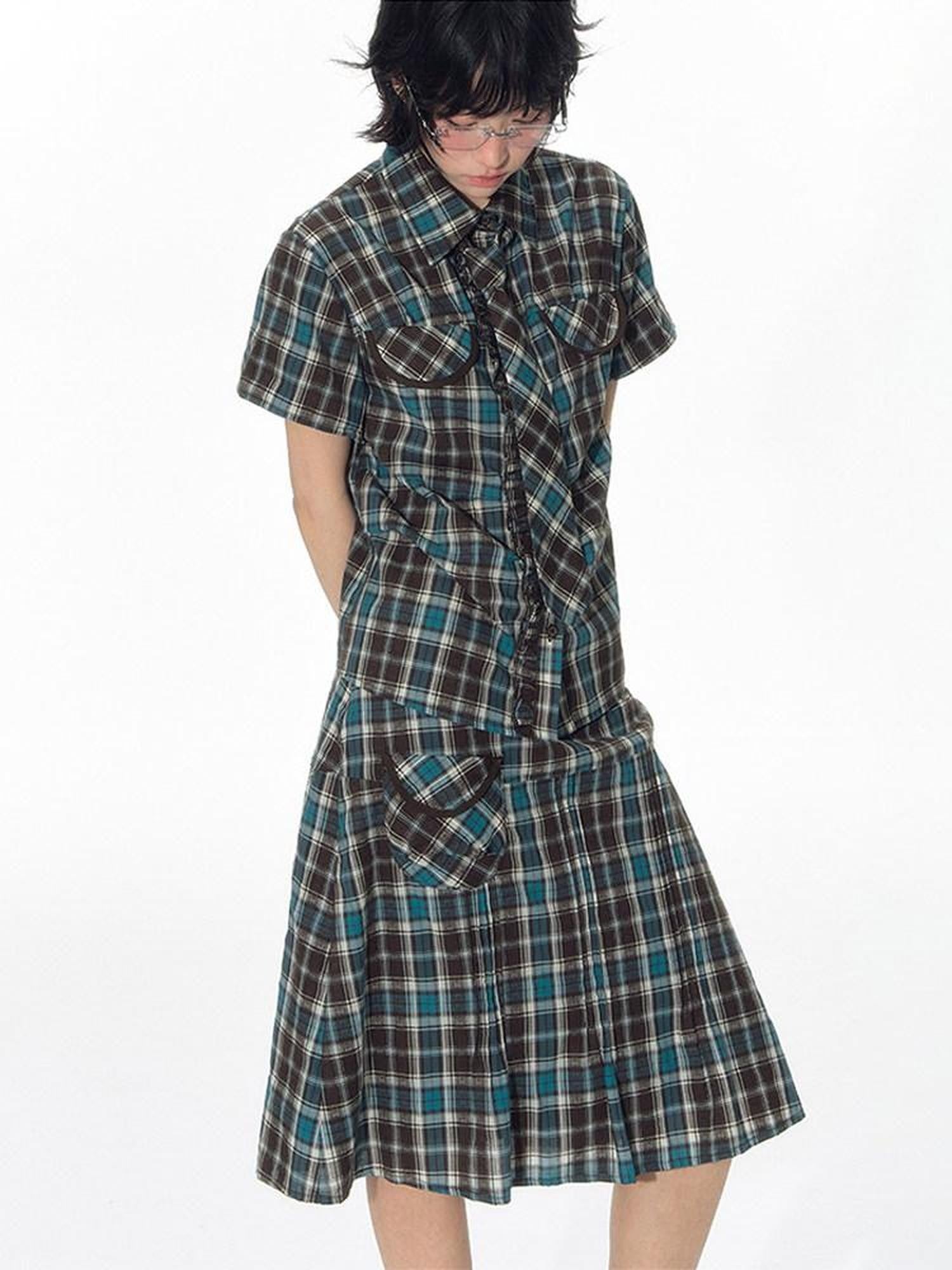 NAPSNAPS Plaid Pleated Pocket A Line Low Waist Women&