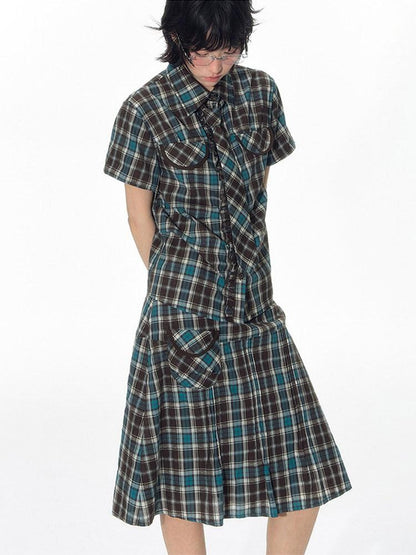 NAPSNAPS Plaid Pleated Pocket A Line Low Waist Women&