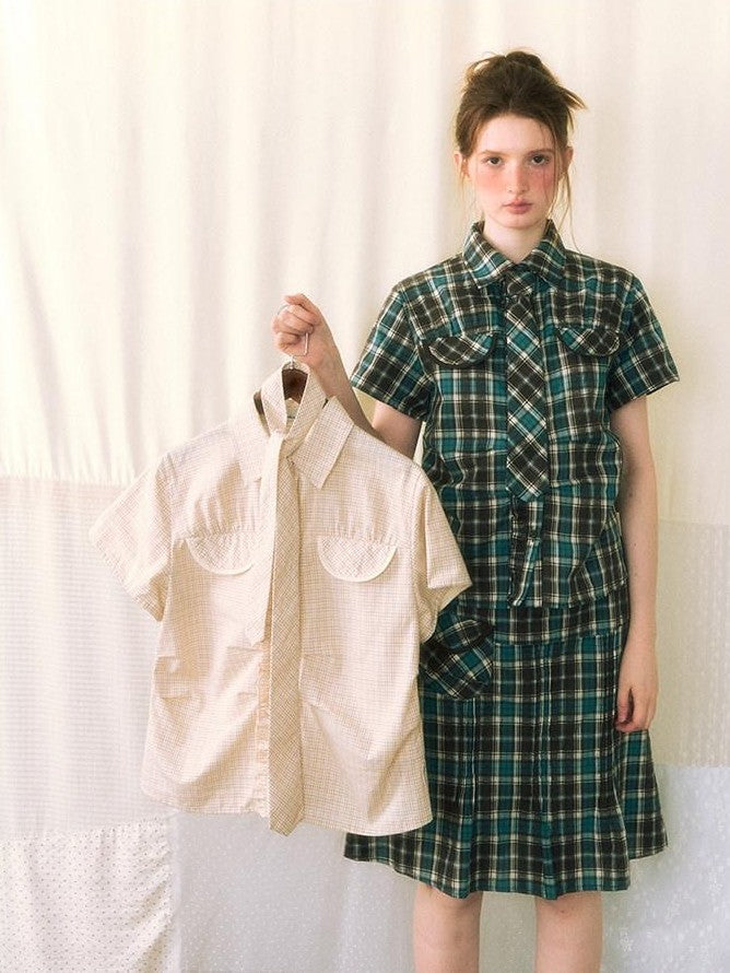 NAPSNAPS Plaid Pleated Pocket A Line Low Waist Women&