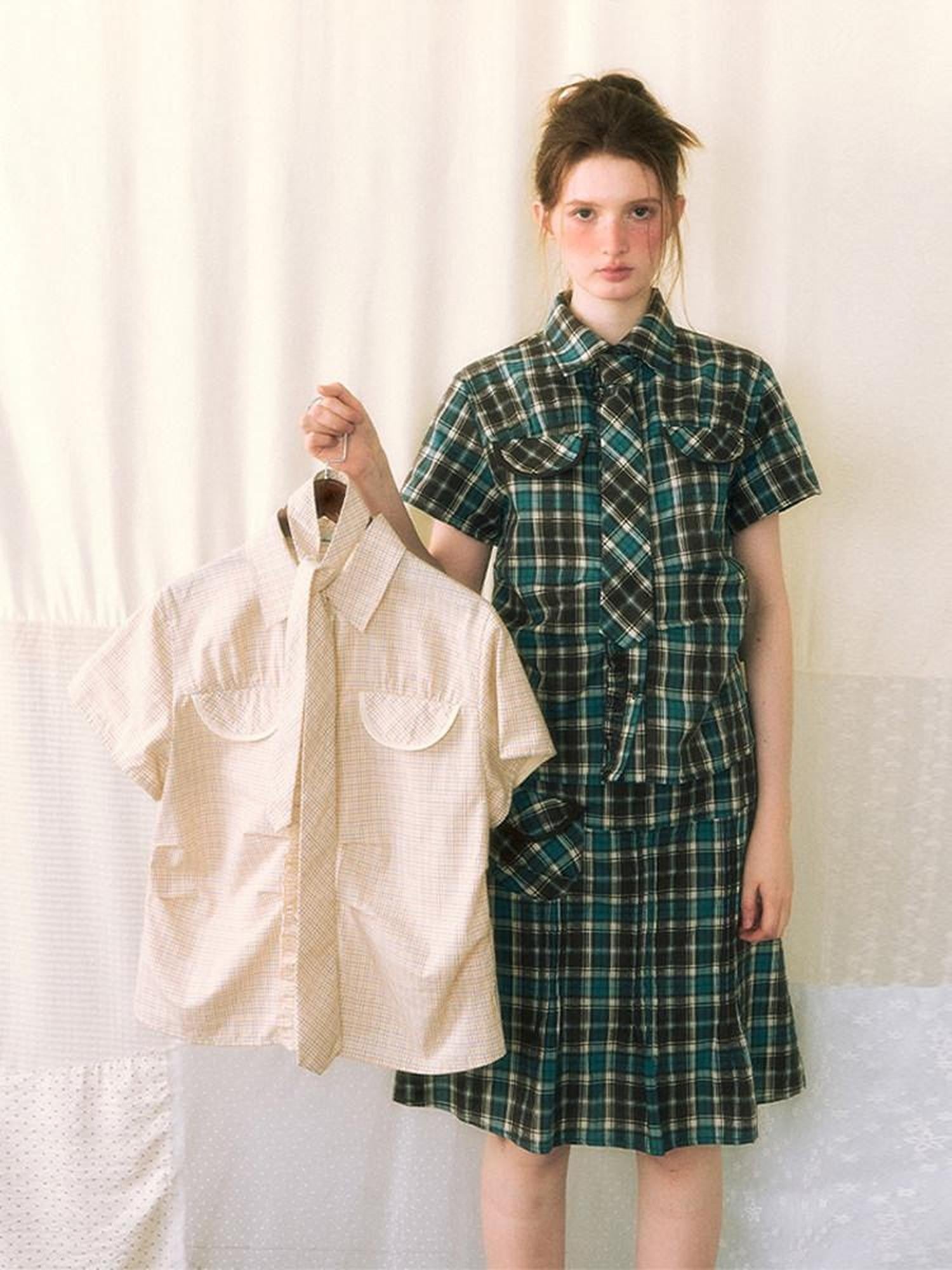 NAPSNAPS Plaid Pleated Short Sleeve College Women&