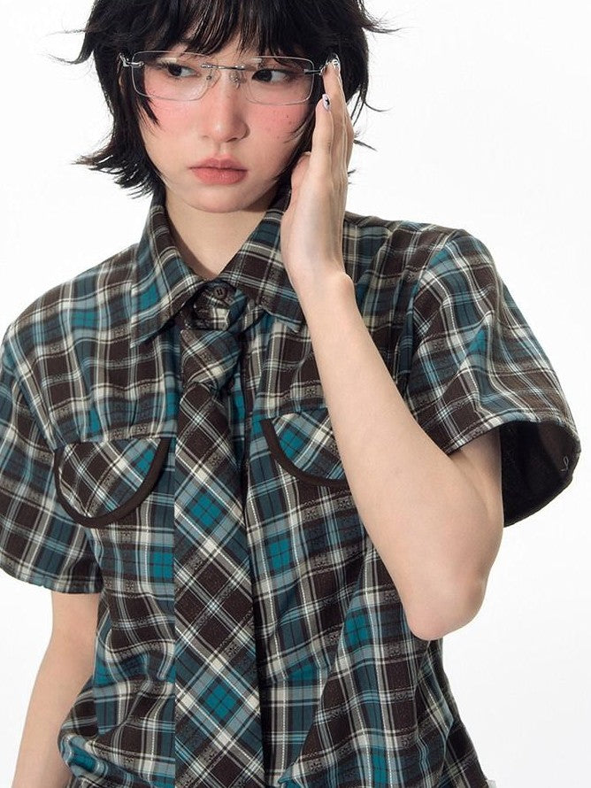 NAPSNAPS Plaid Pleated Short Sleeve College Women&