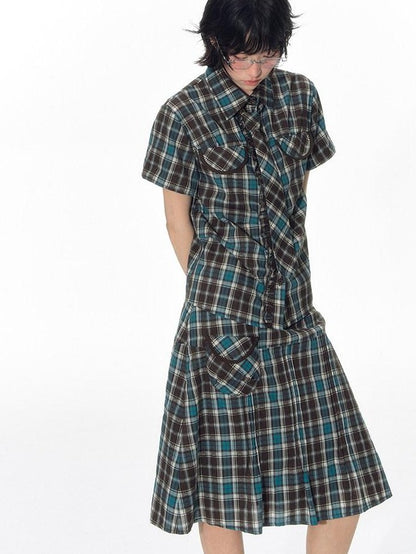 NAPSNAPS Plaid Pleated Short Sleeve College Women&
