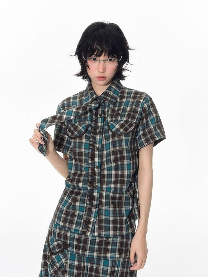 NAPSNAPS Plaid Pleated Short Sleeve College Women&