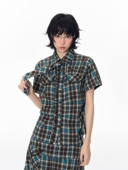 NAPSNAPS Plaid Pleated Short Sleeve College Women&