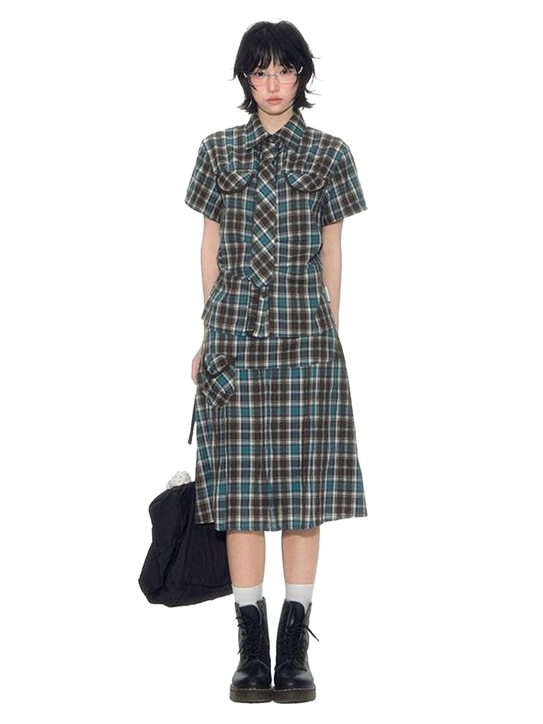 NAPSNAPS Plaid Pleated Short Sleeve College Women&