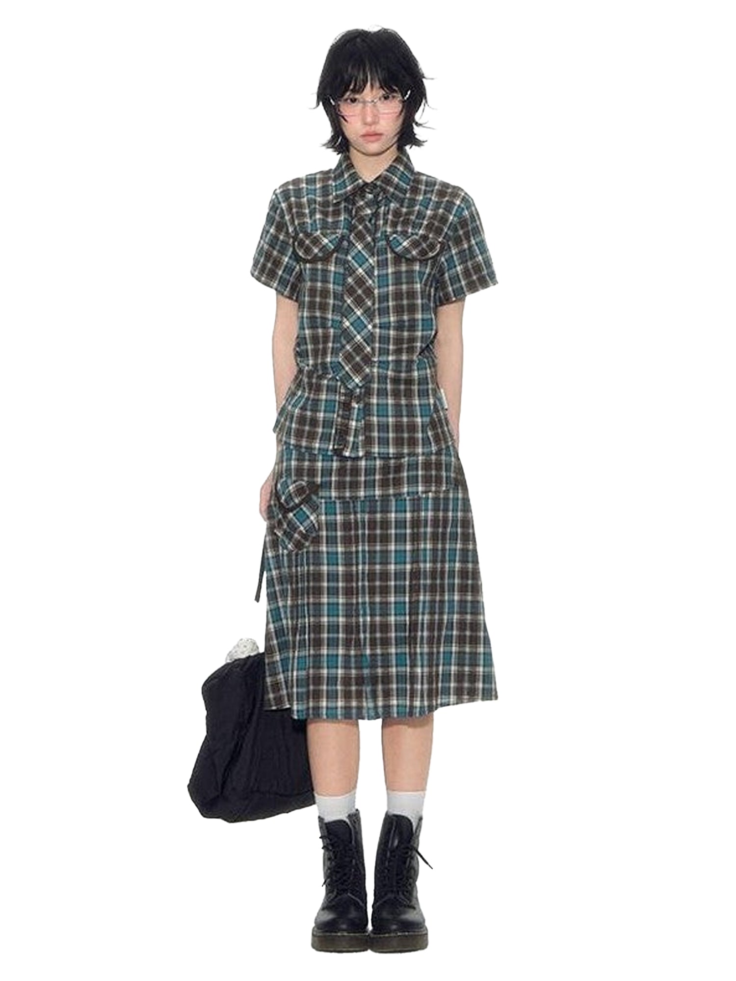 NAPSNAPS Plaid Pleated Short Sleeve College Women&
