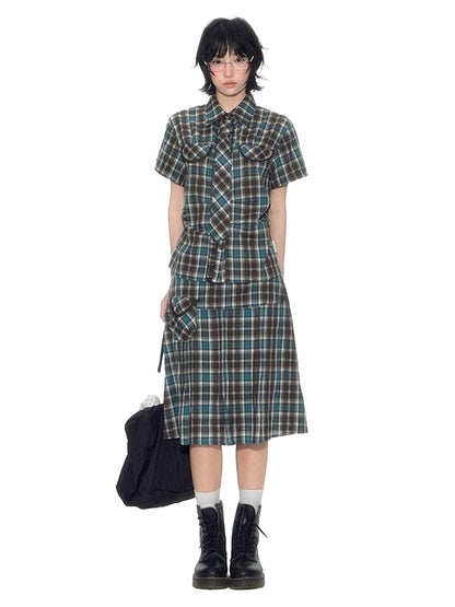 NAPSNAPS Plaid Pleated Short Sleeve College Women&