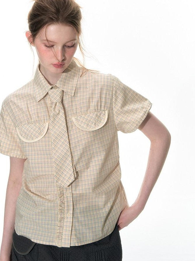 NAPSNAPS Plaid Pleated Short Sleeve College Women&