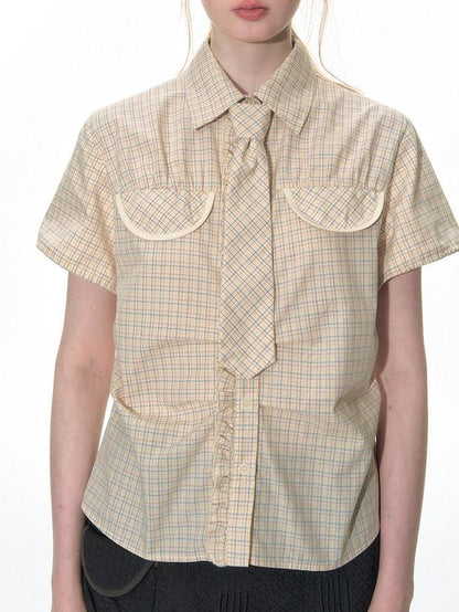 NAPSNAPS Plaid Pleated Short Sleeve College Women&