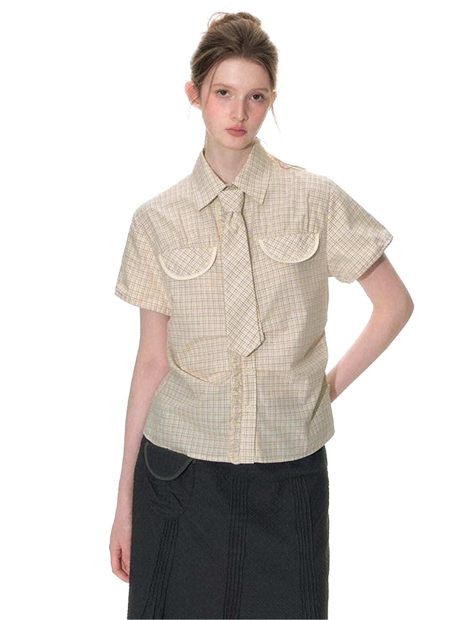 NAPSNAPS Plaid Pleated Short Sleeve College Women&