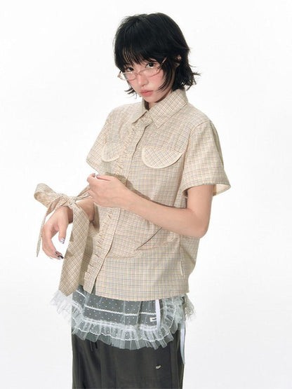 NAPSNAPS Plaid Pleated Short Sleeve College Women&