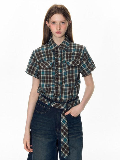 NAPSNAPS Plaid Pleated Short Sleeve College Women&