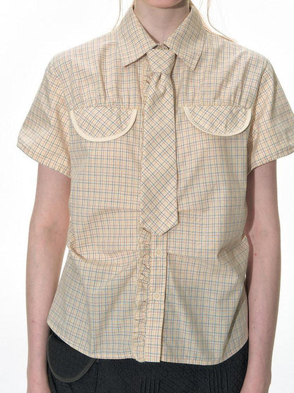 NAPSNAPS Plaid Pleated Short Sleeve College Women&