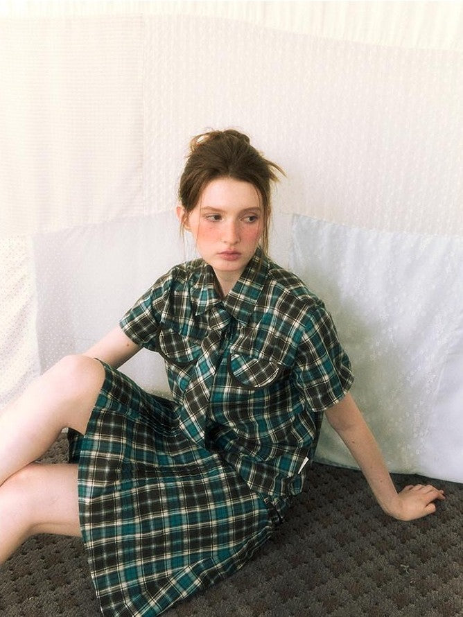 NAPSNAPS Plaid Pleated Short Sleeve College Women&