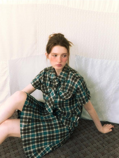 NAPSNAPS Plaid Pleated Short Sleeve College Women&