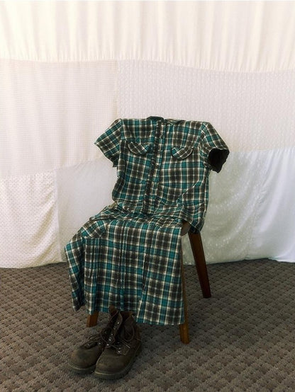 NAPSNAPS Plaid Pleated Short Sleeve College Women&