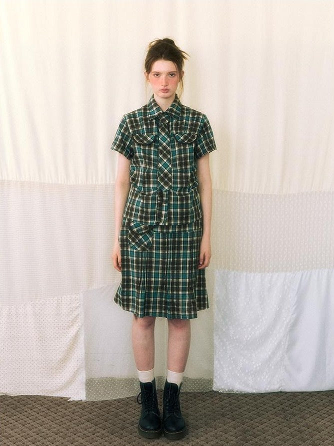NAPSNAPS Plaid Pleated Short Sleeve College Women&