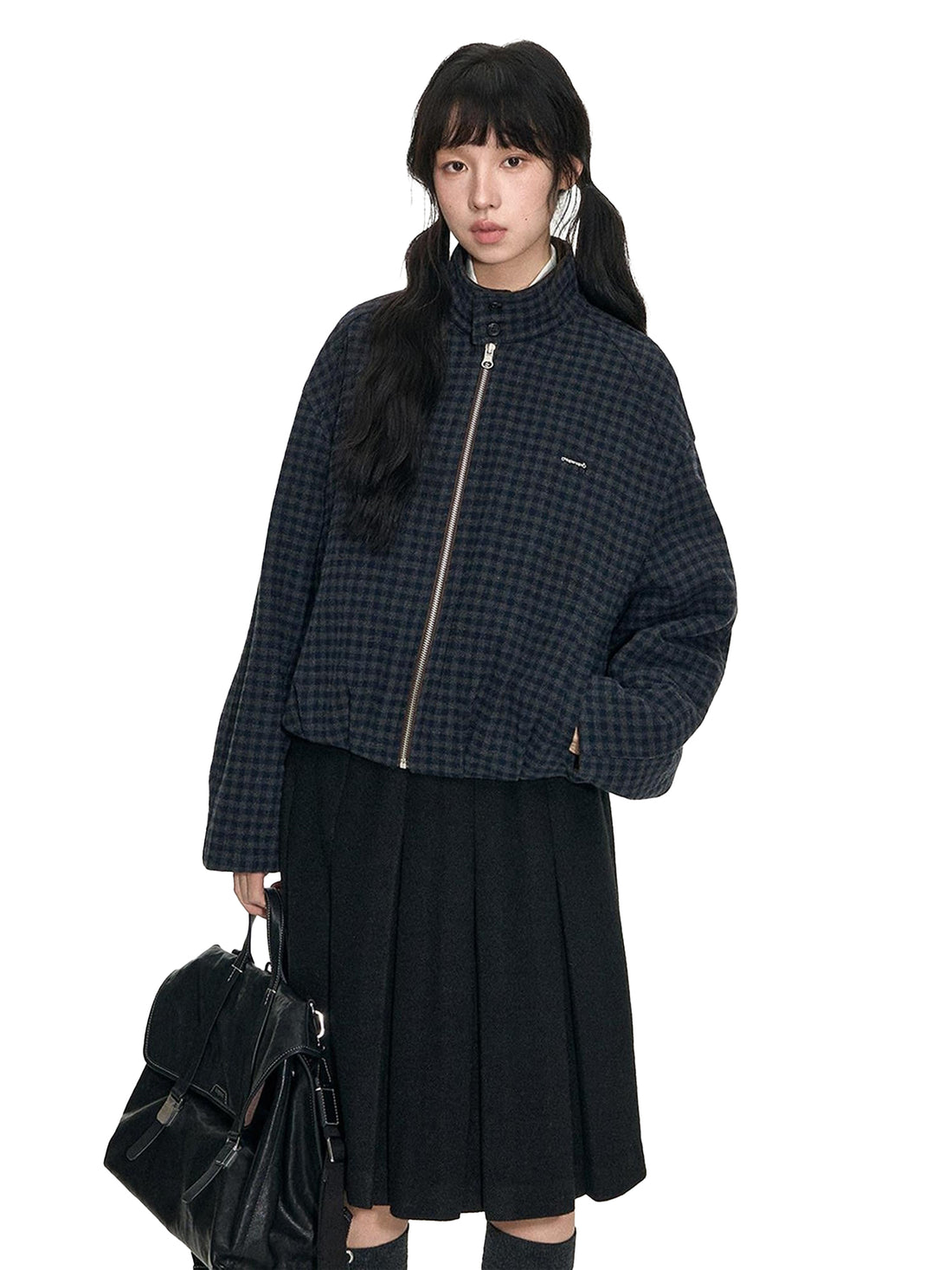 NAPSNAPS Plaid Reversible Stand Collar Zip Women&