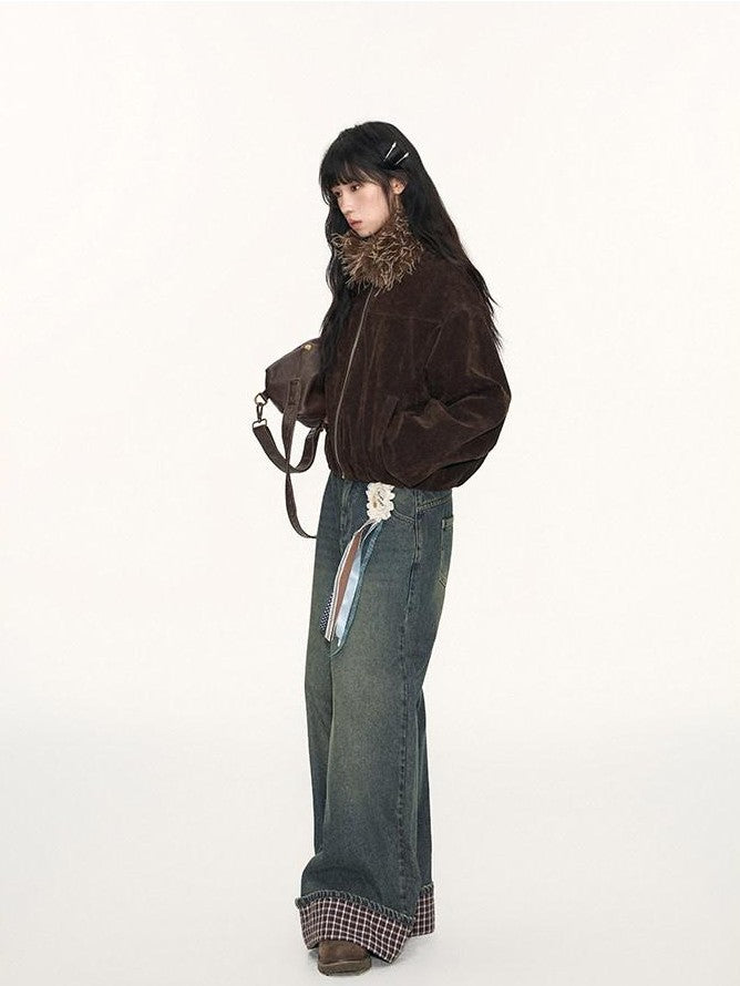 NAPSNAPS Plaid Reversible Stand Collar Zip Women&