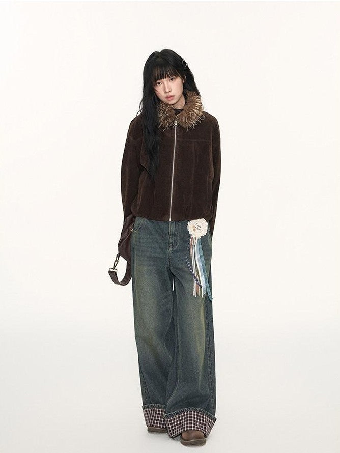 NAPSNAPS Plaid Reversible Stand Collar Zip Women&