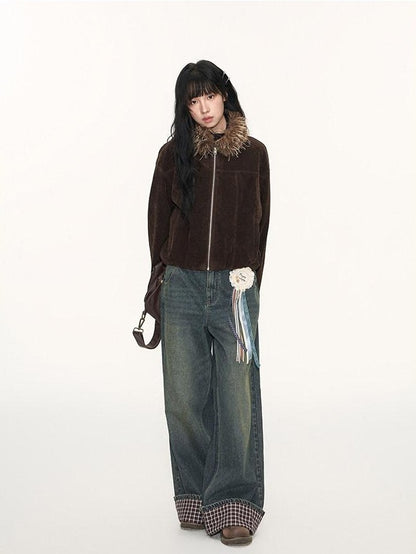 NAPSNAPS Plaid Reversible Stand Collar Zip Women&