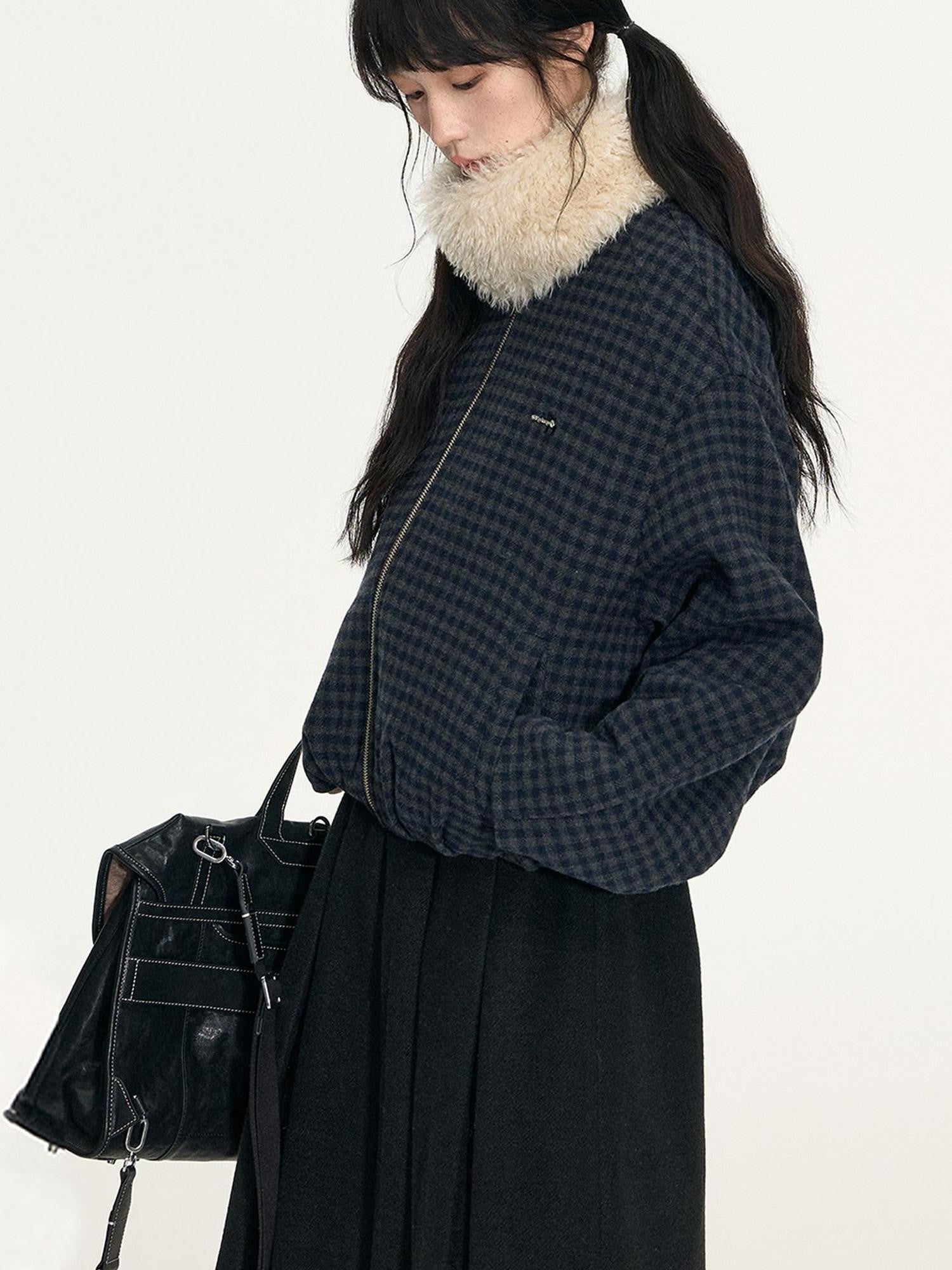 NAPSNAPS Plaid Reversible Stand Collar Zip Women&