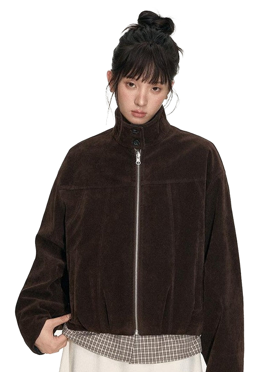 NAPSNAPS Plaid Reversible Stand Collar Zip Women&