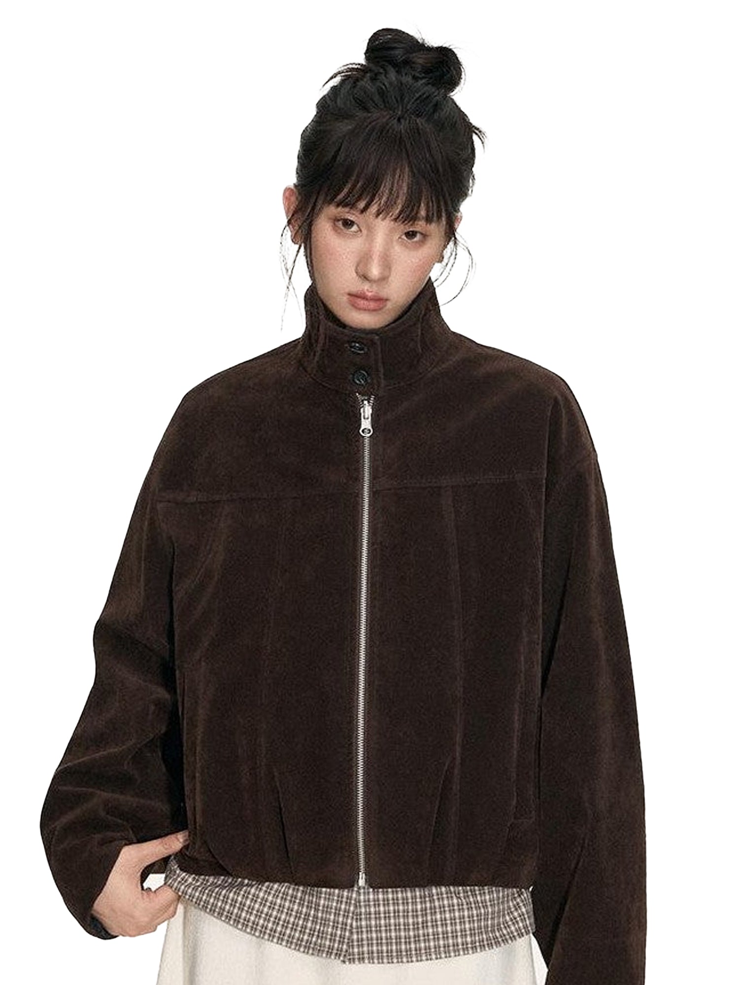 NAPSNAPS Plaid Reversible Stand Collar Zip Women&