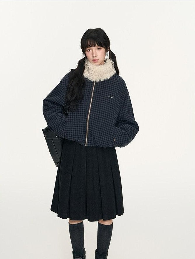 NAPSNAPS Plaid Reversible Stand Collar Zip Women&