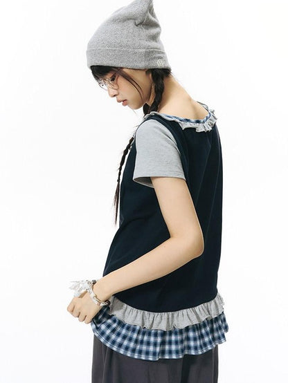 NAPSNAPS Plaid Splice Fake Two Piece Ruffle Women&