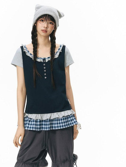 NAPSNAPS Plaid Splice Fake Two Piece Ruffle Women&