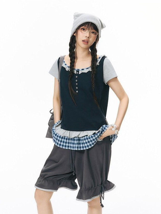 NAPSNAPS Plaid Splice Fake Two Piece Ruffle Women&