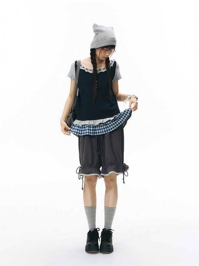 NAPSNAPS Plaid Splice Fake Two Piece Ruffle Women&