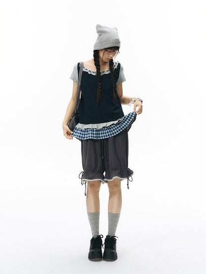 NAPSNAPS Plaid Splice Fake Two Piece Ruffle Women&