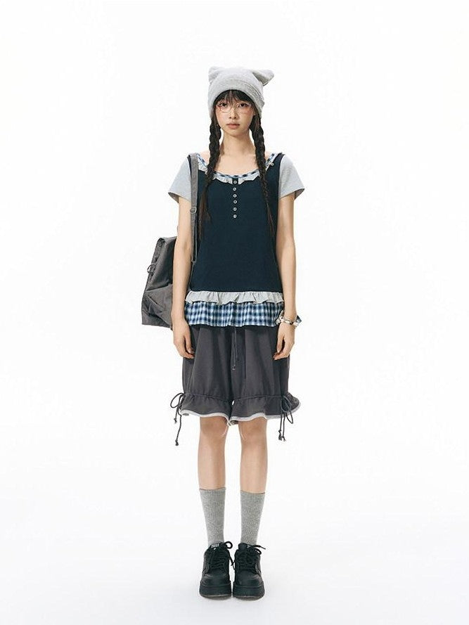 NAPSNAPS Plaid Splice Fake Two Piece Ruffle Women&