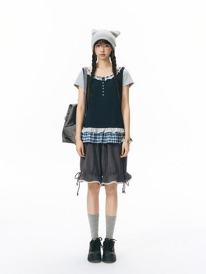 NAPSNAPS Plaid Splice Fake Two Piece Ruffle Women&
