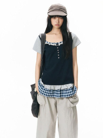 NAPSNAPS Plaid Splice Fake Two Piece Ruffle Women&
