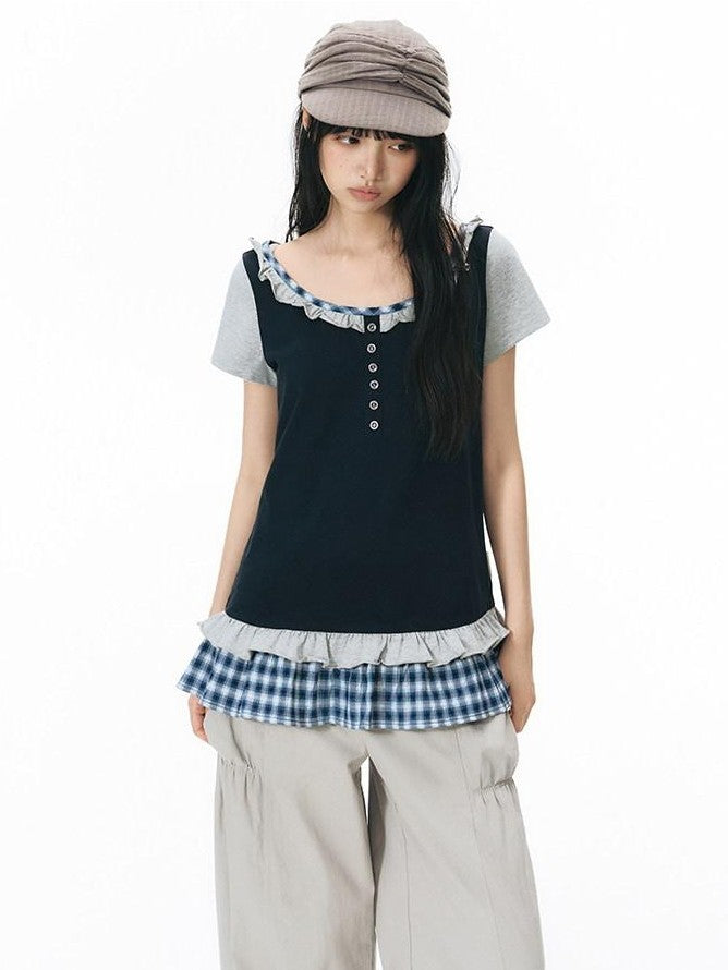 NAPSNAPS Plaid Splice Fake Two Piece Ruffle Women&