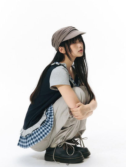 NAPSNAPS Plaid Splice Fake Two Piece Ruffle Women&
