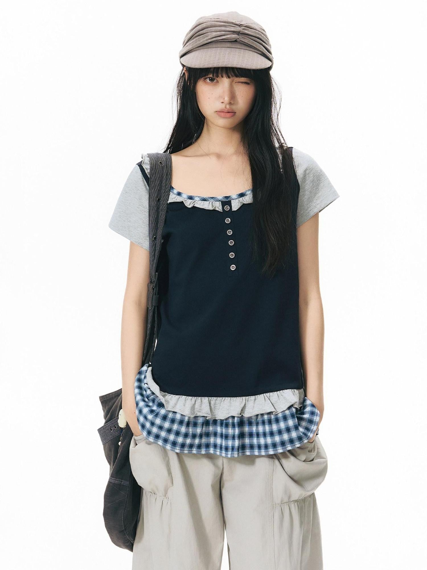 NAPSNAPS Plaid Splice Fake Two Piece Ruffle Women&