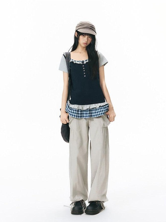 NAPSNAPS Plaid Splice Fake Two Piece Ruffle Women&