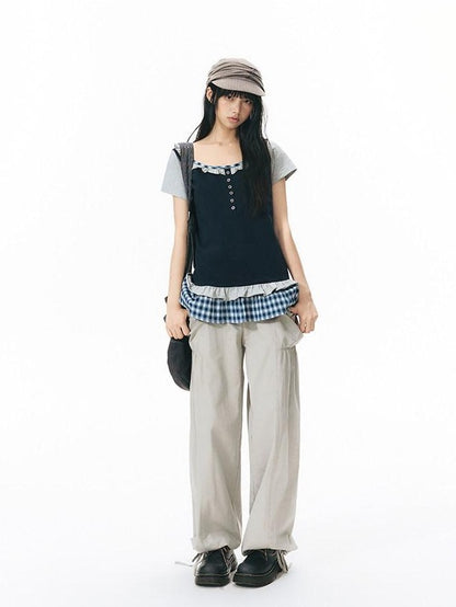 NAPSNAPS Plaid Splice Fake Two Piece Ruffle Women&