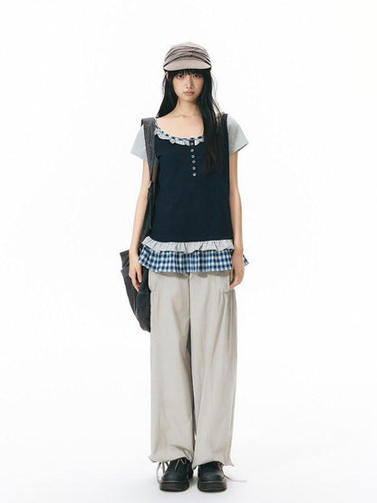 NAPSNAPS Plaid Splice Fake Two Piece Ruffle Women&