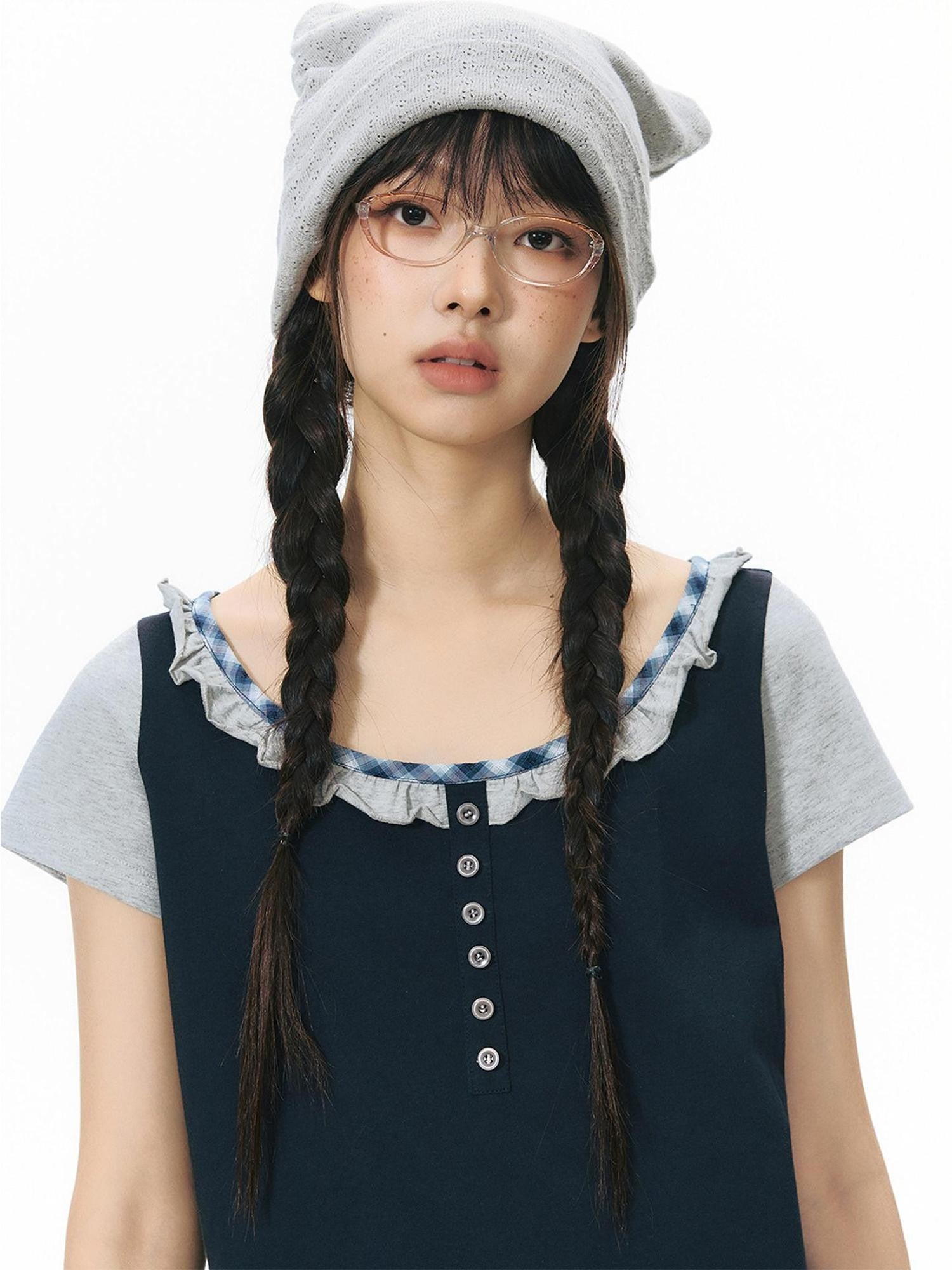 NAPSNAPS Plaid Splice Fake Two Piece Ruffle Women&