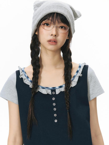 NAPSNAPS Plaid Splice Fake Two Piece Ruffle Women&