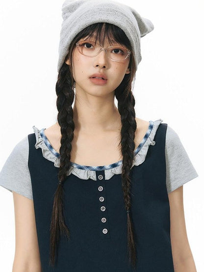NAPSNAPS Plaid Splice Fake Two Piece Ruffle Women&