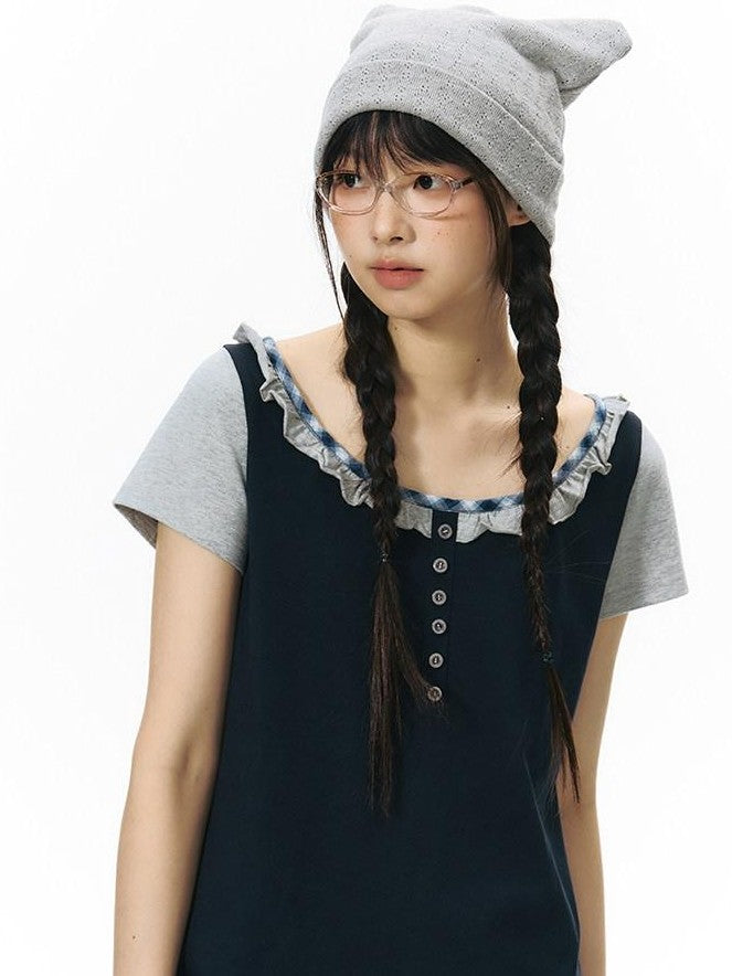 NAPSNAPS Plaid Splice Fake Two Piece Ruffle Women&