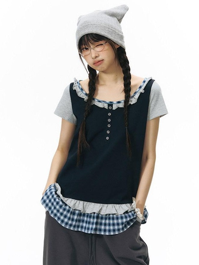 NAPSNAPS Plaid Splice Fake Two Piece Ruffle Women&